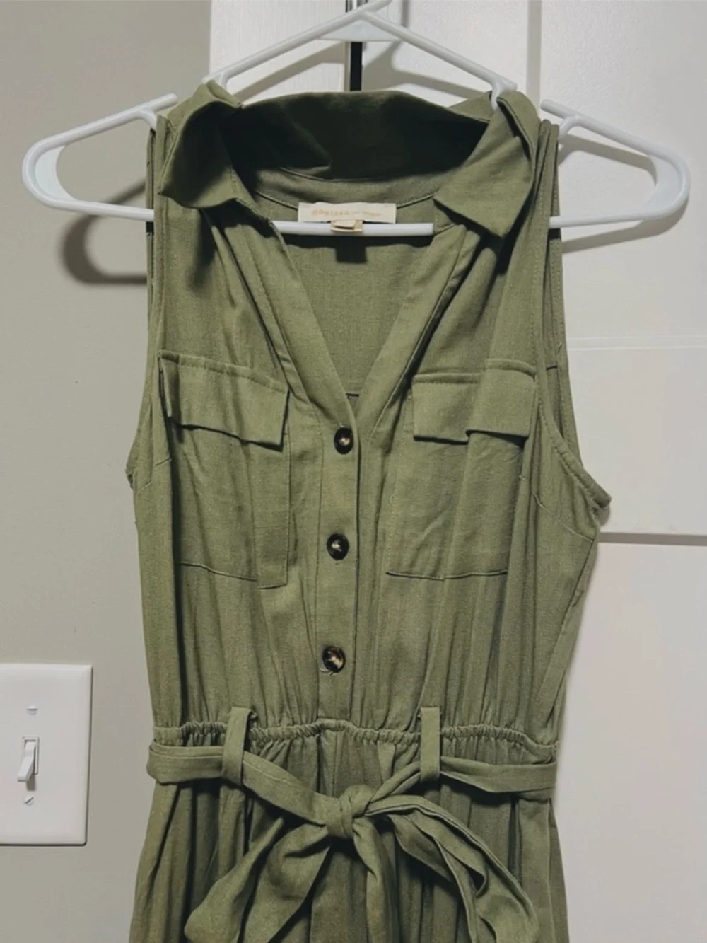 Monteau Olive Green Sleeveless Utility Maxi Romper with Tie Waist - Picture 4 of 5